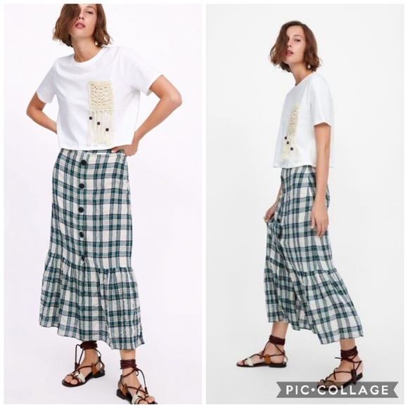 Zara | Plaid Check Ruffle Hem Midi Skirt - Picture 13 of 16